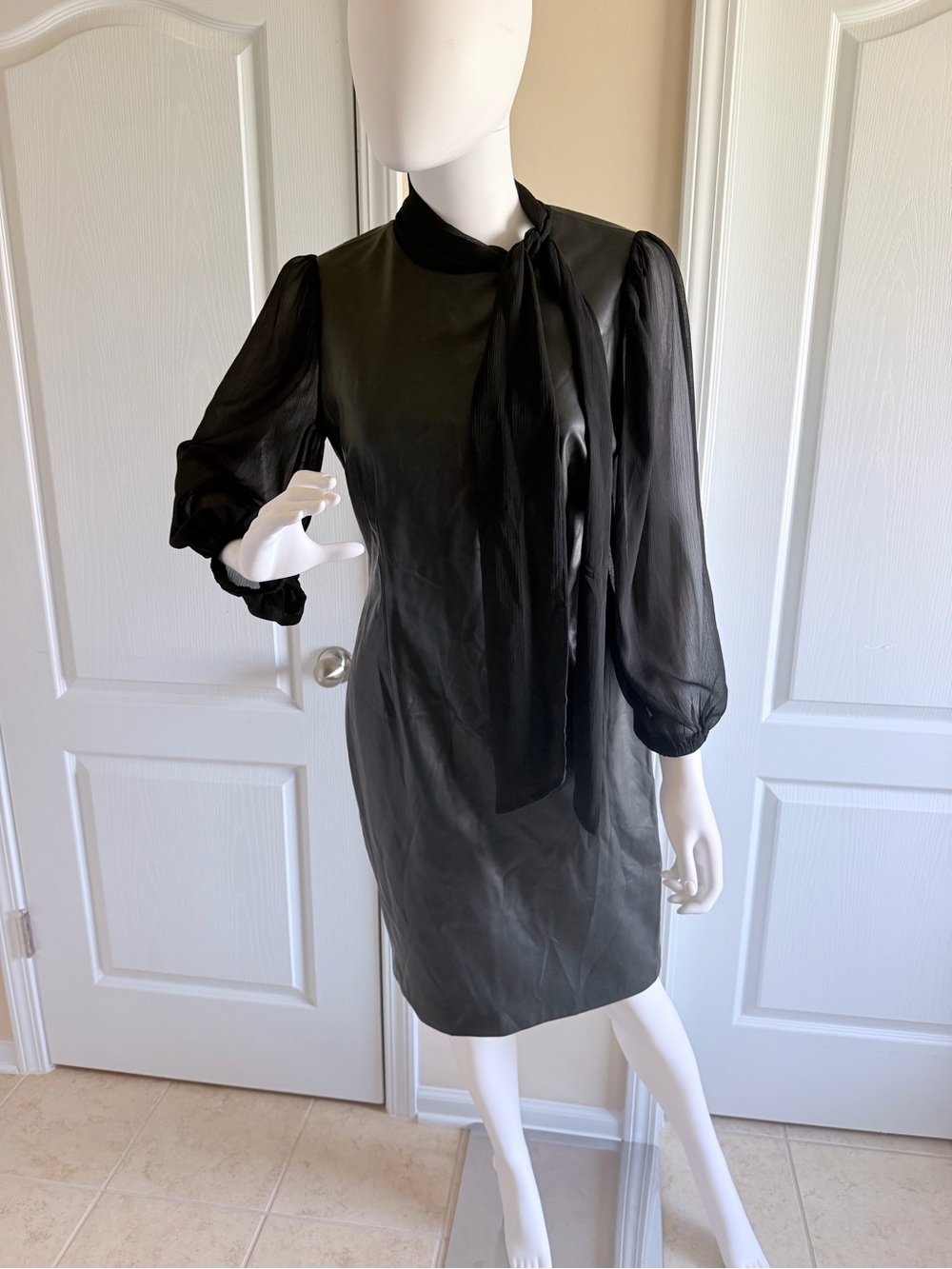 Calvin Klein Black Faux Leather Tie-Neck Midi Dress w/Sheer Sleeves Size 6 - Picture 1 of 8